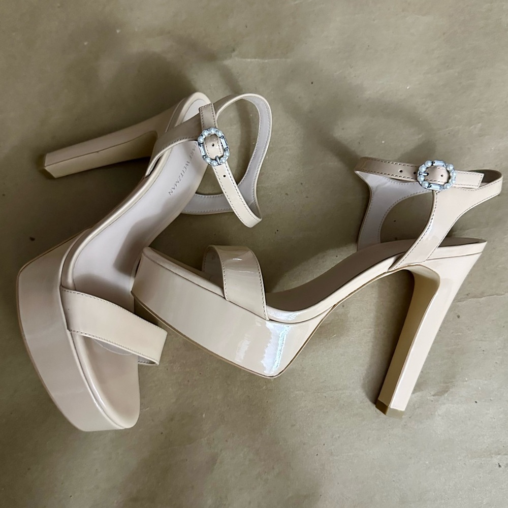 NEW - Stuart Weitzman Dazzle 130 Beige Platform Sandal Size 8.5